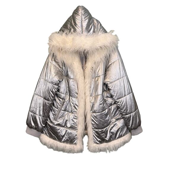 Donna Salyers' Fabulous Furs Jackets & Blazers - Donna Salyers Fabulous Furs Coat Women 2X Silver Metallic Hooded Faux Fur Puffer